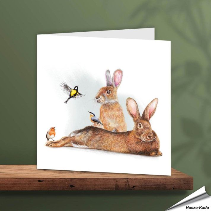Wenskaart - Konijnen met leuke tuinvogeltjes - www.hoezo-kado.nl