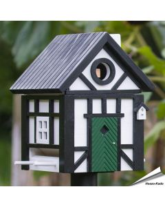 Multiholk Korsvirke voederhuis en nestkast in zwarte houtkleur, hier als voederhuis - Hoezo-Kado